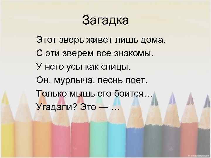    Загадка Этот зверь живет лишь дома. С эти зверем все знакомы.