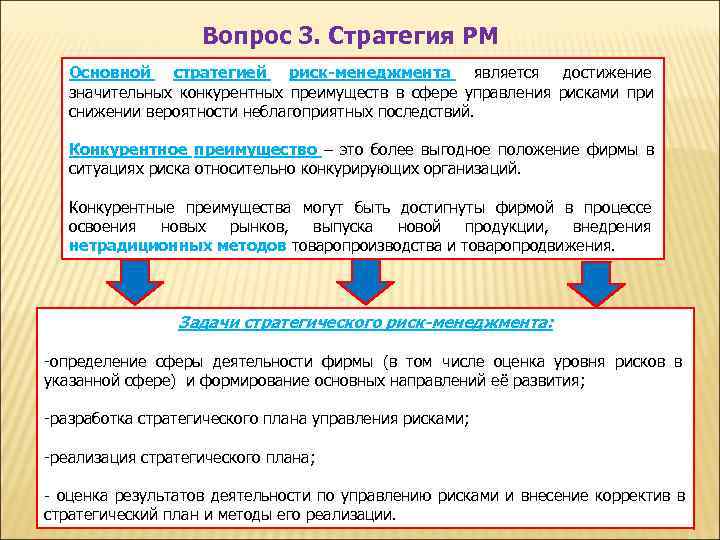     Вопрос 3. Стратегия РМ  Основной стратегией риск-менеджмента является достижение