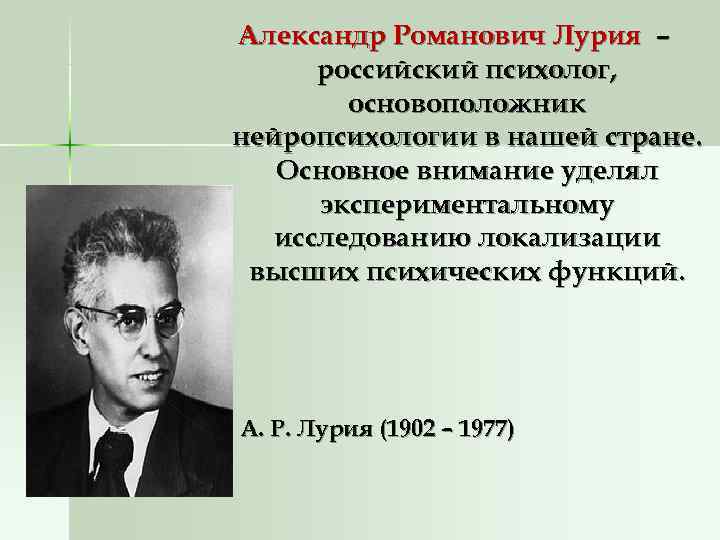 Александр Романович Лурия – российский психолог, основоположник нейропсихологии в нашей стране. Александр Романович Лурия – российский психолог, основоположник нейропсихологии в нашей стране.