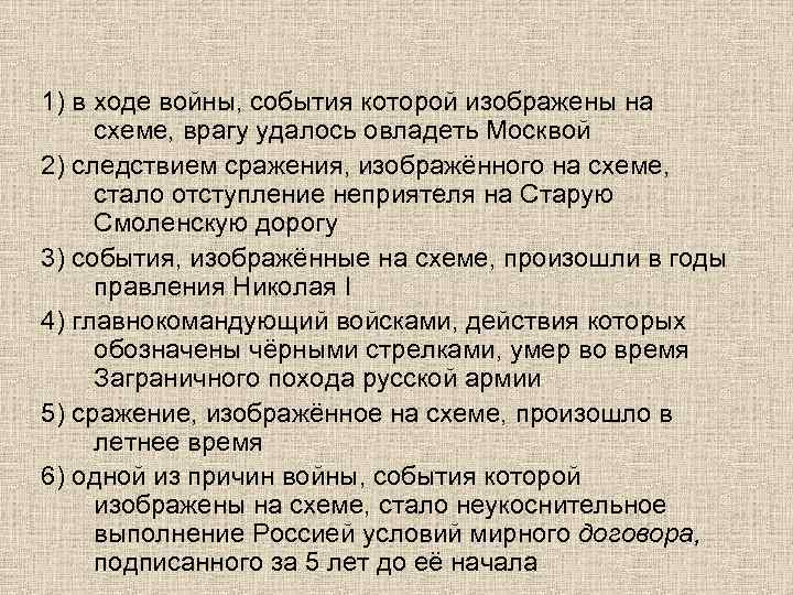 1) в ходе войны, события которой изображены на схеме, врагу удалось овладеть Москвой 2)