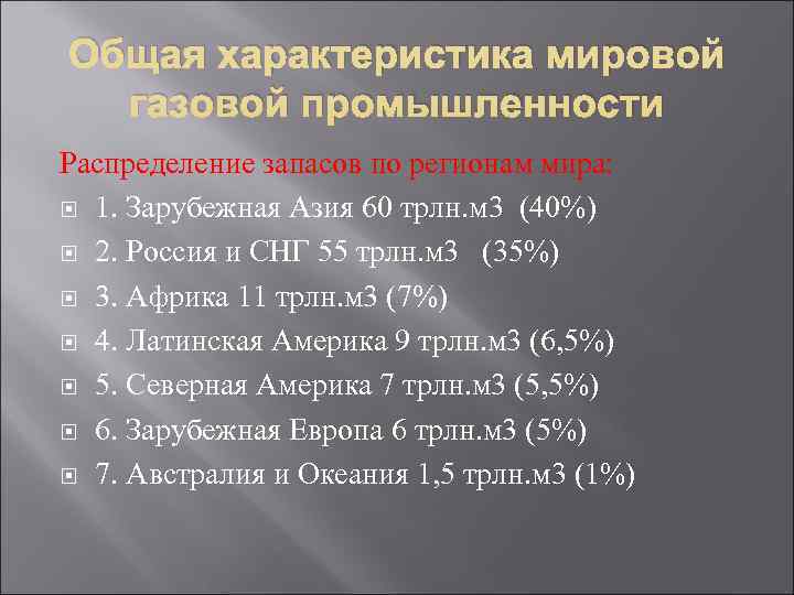 План характеристики отрасли мирового хозяйства газовая