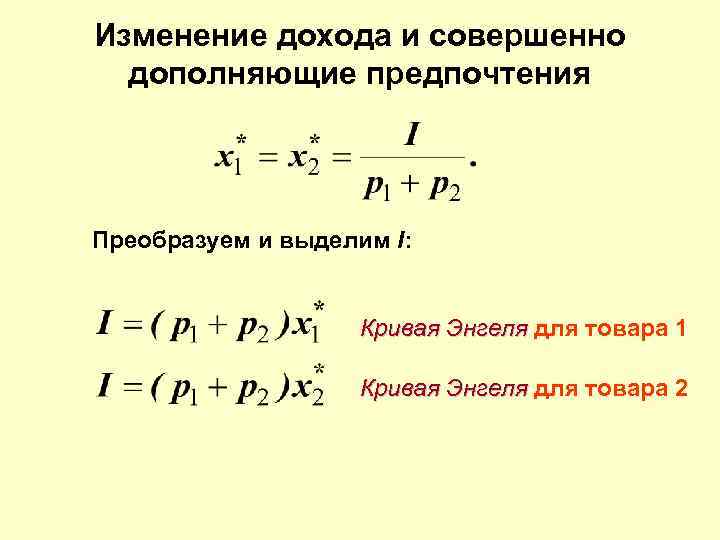 Изменение дохода и совершенно  дополняющие предпочтения Преобразуем и выделим I:   