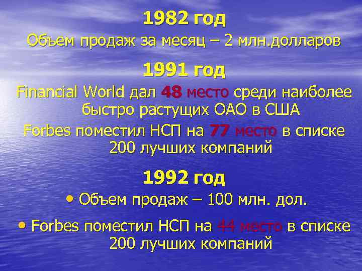     1982 год Объем продаж за месяц – 2 млн. долларов