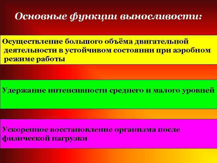  Основные функции выносливости:  Осуществление большого объёма двигательной деятельности в устойчивом состоянии при