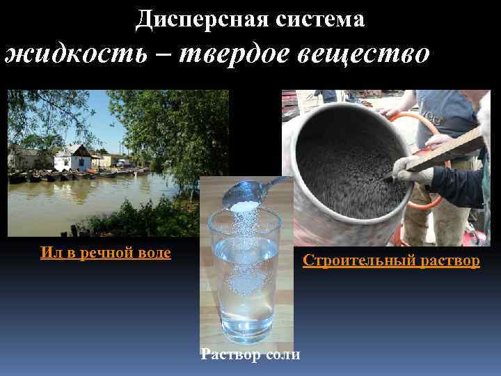    Дисперсная система жидкость – твердое вещество  Ил в речной воде