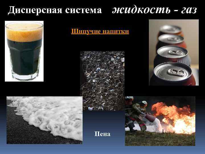 Дисперсная система  жидкость - газ   Шипучие напитки    Пена