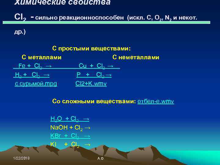 Химические свойства Cl 2 - сильно реакционноспособен  (искл. C, O 2, N 2
