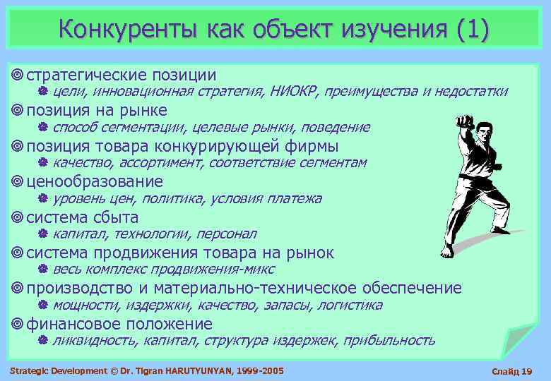    Конкуренты как объект изучения (1) ¥ стратегические позиции | цели, инновационная