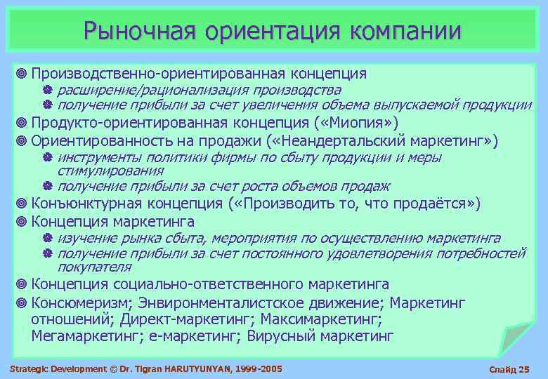     Рыночная ориентация компании ¥ Производственно-ориентированная концепция  | расширение/рационализация производства