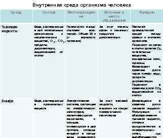 Внутренняя среда организма человека Среда Состав Местонахожден Источник и Внутренняя среда организма человека Среда Состав Местонахожден Источник и