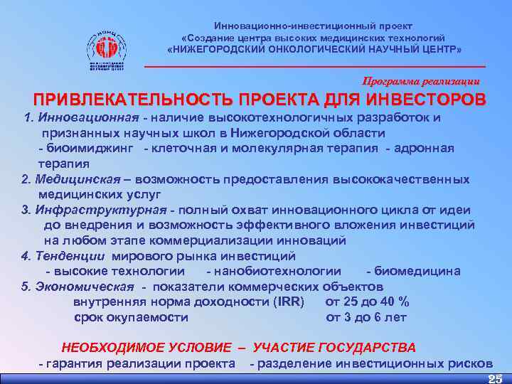 Инновационно-инвестиционный проект «Создание центра высоких медицинских технологий «НИЖЕГОРОДСКИЙ ОНКОЛОГИЧЕСКИЙ НАУЧНЫЙ ЦЕНТР» ________________________ Программа реализации