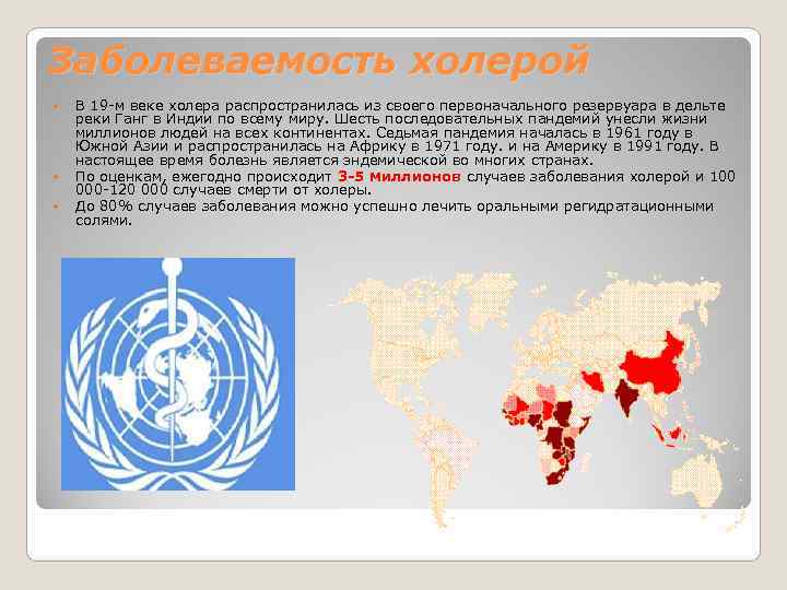 Заболеваемость холерой В 19 -м веке холера распространилась из своего первоначального резервуара в дельте