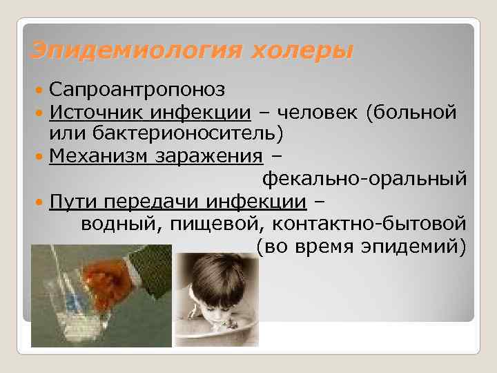 Эпидемиология холеры  Сапроантропоноз  Источник инфекции – человек (больной  или бактерионоситель) 
