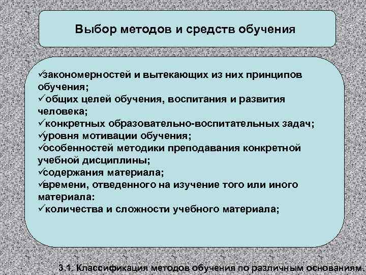 Выбор методов и средств обучения  üзакономерностей и вытекающих из них принципов обучения;