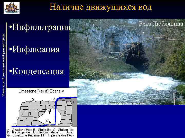 Наличие движущихся вод Таврический национальный университет. • Инфильтрация • Инфлюация • Конденсация Река Любляница