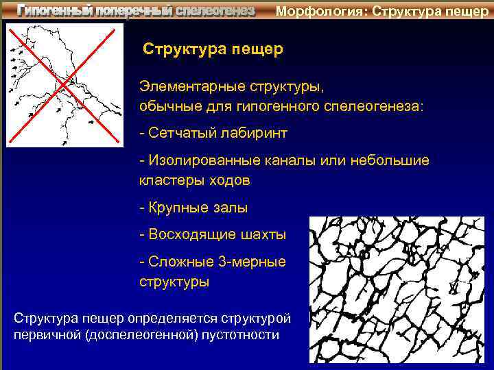Морфология: Структура пещер Элементарные структуры, обычные для гипогенного спелеогенеза: - Сетчатый лабиринт - Изолированные