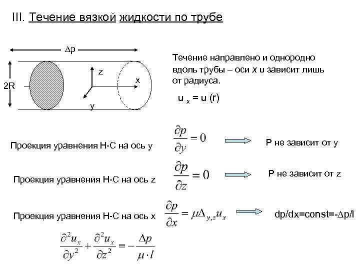  III. Течение вязкой жидкости по трубе    p   