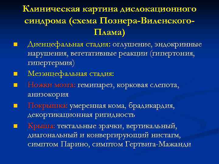   Клиническая картина дислокационного синдрома (схема Познера-Виленского-    Плама) n 
