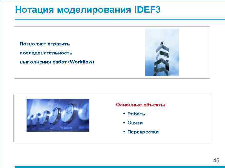 Нотация моделирования IDEF 3  Позволяет отразить последовательность выполнения работ (Workflow)   
