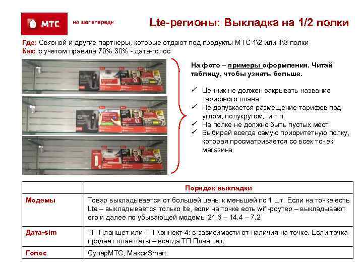       Lte-регионы: Выкладка на 1/2 полки Где: Связной и