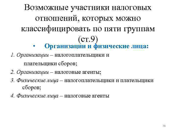 Возможные участники налоговых отношений, которых можно классифицировать по пяти группам Возможные участники налоговых отношений, которых можно классифицировать по пяти группам