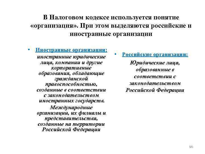 В Налоговом кодексе используется понятие «организация» . При этом выделяются российские и В Налоговом кодексе используется понятие «организация» . При этом выделяются российские и