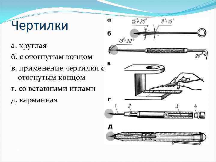 Чертилки а. круглая б. с отогнутым концом в. применение чертилки с  отогнутым концом
