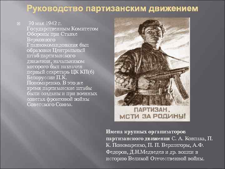 Составьте характеристику партизанского движения по плану состав участников организация формы борьбы