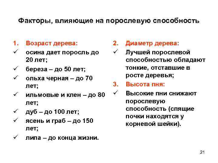   Факторы, влияющие на порослевую способность  1.  Возраст дерева:  2.