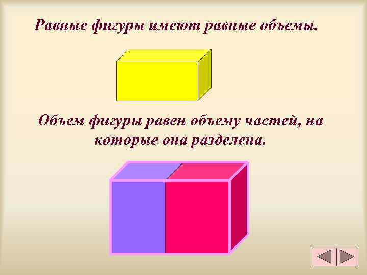 Равные фигуры имеют равные объемы. Объем фигуры равен объему частей, на  которые она