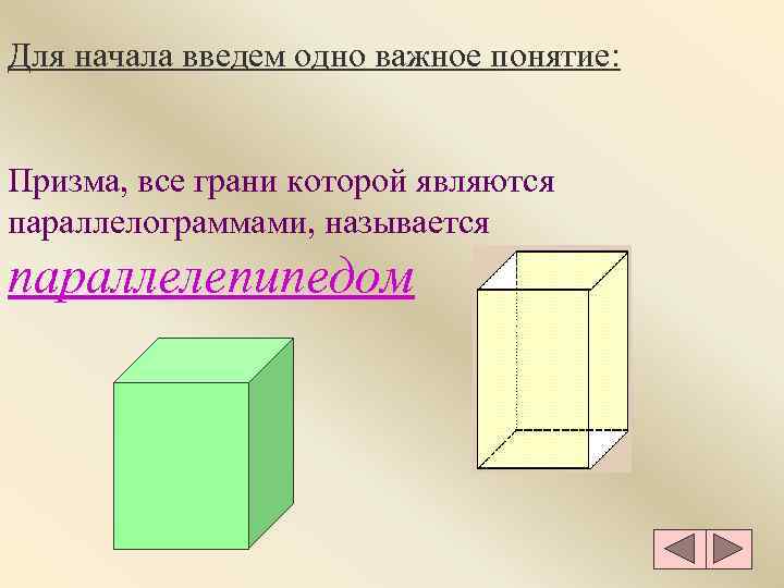 Для начала введем одно важное понятие:  Призма, все грани которой являются параллелограммами, называется