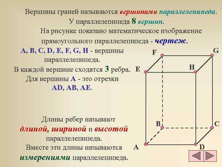   Вершины граней называются вершинами параллелепипеда.    У параллелепипеда 8 вершин.