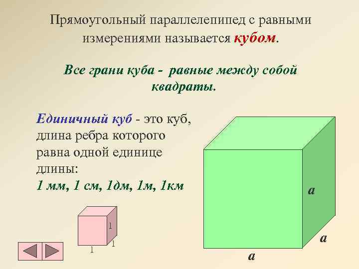  Прямоугольный параллелепипед с равными  измерениями называется кубом.  Все грани куба -