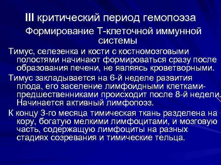   III критический период гемопоэза  Формирование Т-клеточной иммунной   системы Тимус,