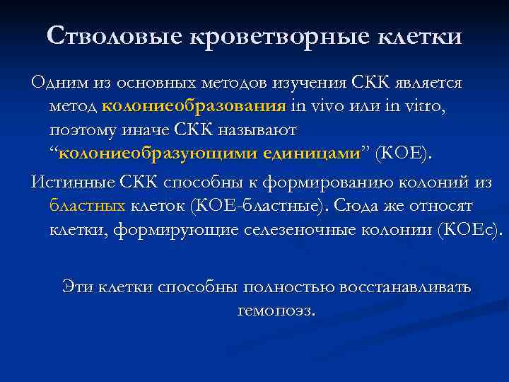  Стволовые кроветворные клетки Одним из основных методов изучения СКК является метод колониеобразования in