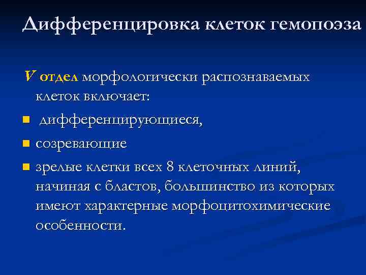 Дифференцировка клеток гемопоэза V отдел морфологически распознаваемых  клеток включает: n дифференцирующиеся,  n