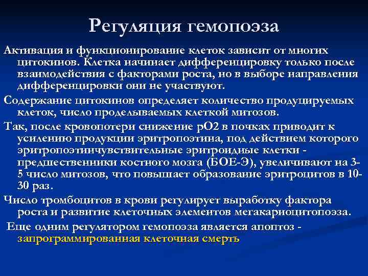    Регуляция гемопоэза Активация и функционирование клеток зависит от многих  цитокинов.
