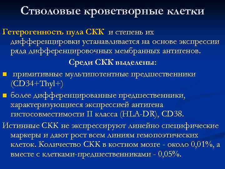   Стволовые кроветворные клетки Гетерогенность пула СКК и степень их  дифференцировки устанавливается