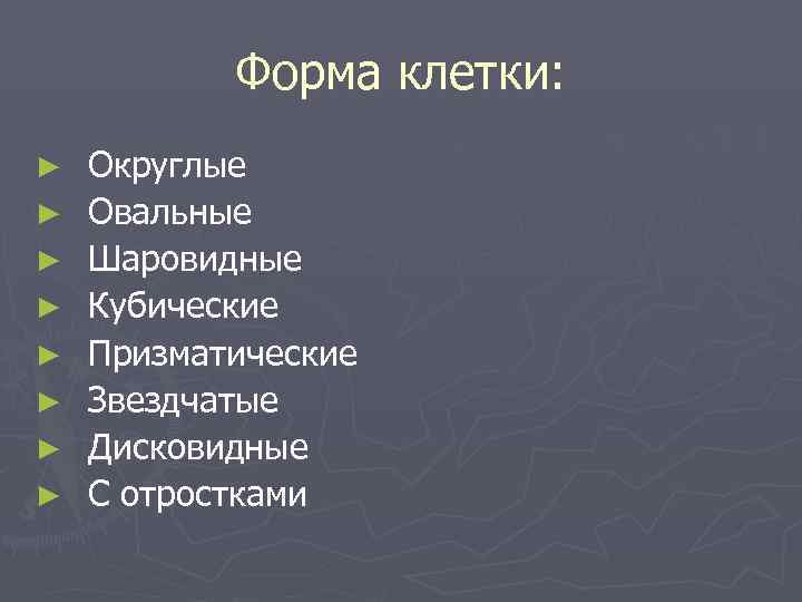   Форма клетки: ►  Округлые ►  Овальные ►  Шаровидные ►