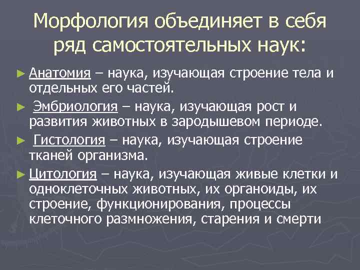  Морфология объединяет в себя  ряд самостоятельных наук: ► Анатомия – наука, изучающая