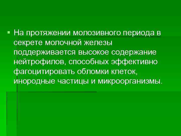 § На протяжении молозивного периода в  секрете молочной железы  поддерживается высокое содержание