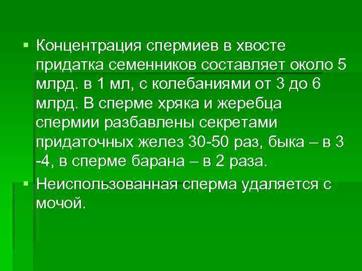 § Концентрация спермиев в хвосте  придатка семенников составляет около 5  млрд. в
