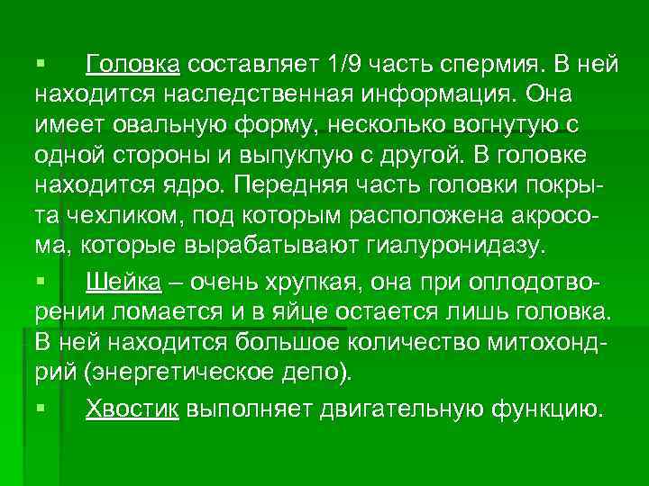 §  Головка составляет 1/9 часть спермия. В ней находится наследственная информация. Она имеет