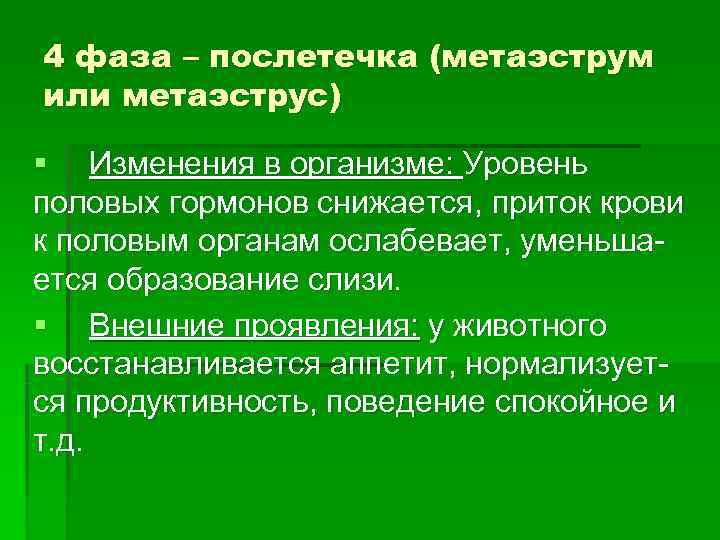 4 фаза – послетечка (метаэструм или метаэструс) § Изменения в организме: Уровень половых гормонов