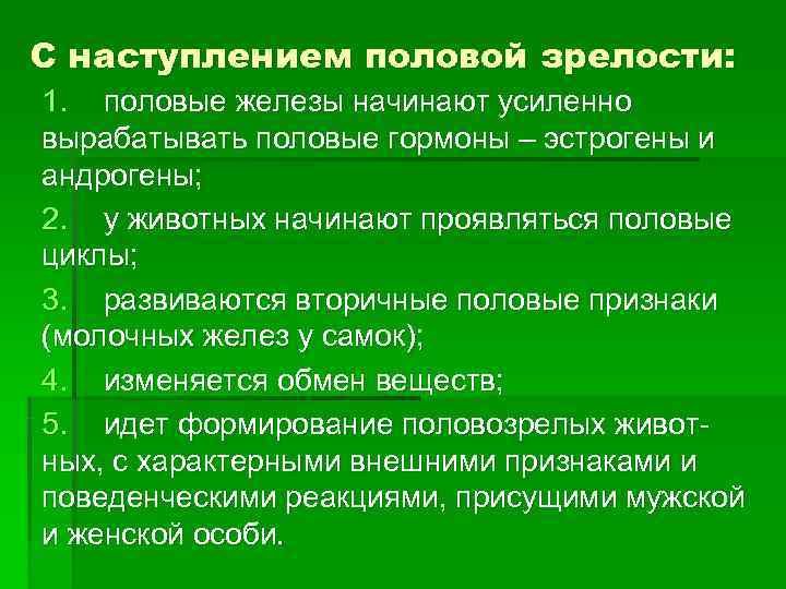 С наступлением половой зрелости: 1. половые железы начинают усиленно вырабатывать половые гормоны – эстрогены