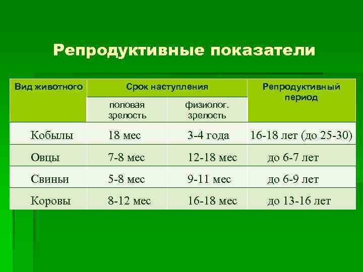   Репродуктивные показатели Вид животного Срок наступления   Репродуктивный   