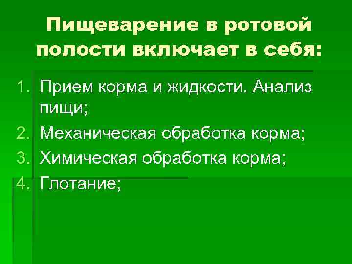 Пищеварение в ротовой полости включает в себя: 1. Прием корма и Пищеварение в ротовой полости включает в себя: 1. Прием корма и