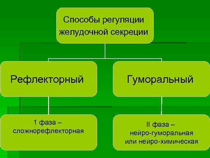 Способы регуляции желудочной секреции Рефлекторный Гуморальный 1 фаза Способы регуляции желудочной секреции Рефлекторный Гуморальный 1 фаза