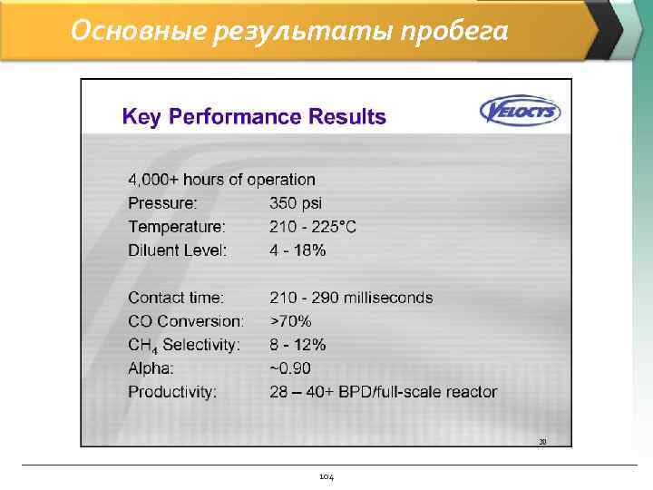 Основные результаты пробега 104 