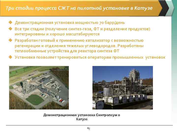Три стадии процесса СЖТ на пилотной установке в Катузе u Демонстрационная установка мощностью 70